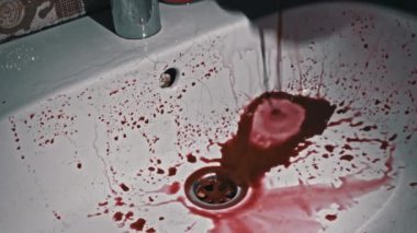 Ellerinden damlayan kırmızı kan damlaları yakın plan beyaz bir lavaboya damlıyor. Kanlı pislik. Korkunç bir kanama. Kırmızı kan damlaları yüzeye düşer. Kanlı korkuluklar..