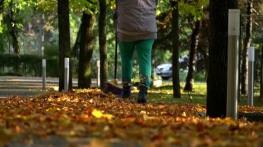 Aşağıdan kumsaldaki parkta sonbahar sarı yapraklarını temizliyorum. Temizlikçi portakal yapraklarını kavrayıp, onları büyük bir yığına süpürüyor. Bölgenin sonbahar temizliği.