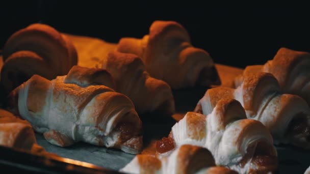 Lush Stuffed Croissants Baked Oven Close Pastries Rising Oven Lighting — Stock Video