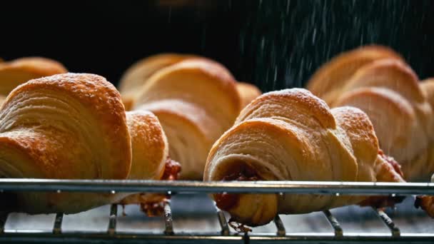 Fluffiga Fyllda Croissanter Beströdda Med Pulversocker Slow Närbild Bakverk Dekorerade — Stockvideo