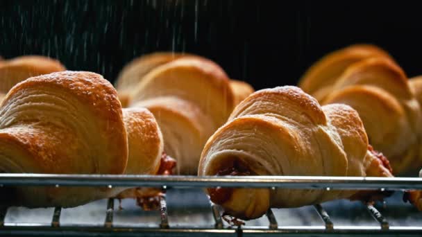 Fluffiga Fyllda Croissanter Beströdda Med Pulversocker Slow Närbild Bakverk Dekorerade — Stockvideo