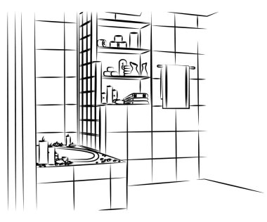 İzole bir arka planda banyo ve havlu. Sembol. Vektör illüstrasyonu.