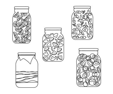 İzole bir arka planda çeşitli turşular. Robot resim. Vektör illüstrasyonu.