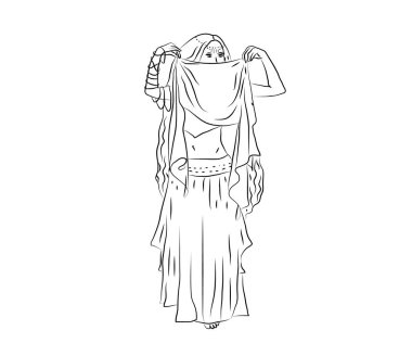 Güzel genç bir kadın beyaz arka planda göbek dansı yapıyor. Siluet. Vektör illüstrasyonu.