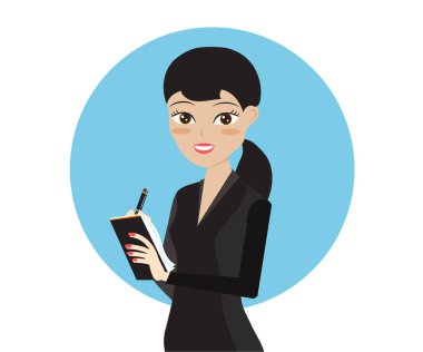 Genç kadın bir deftere yazıyor. Vektör illüstrasyonu.