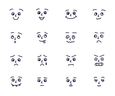 Bir sürü komik duygu simgesi. Çeşitli duygular. Vektör illüstrasyonu.