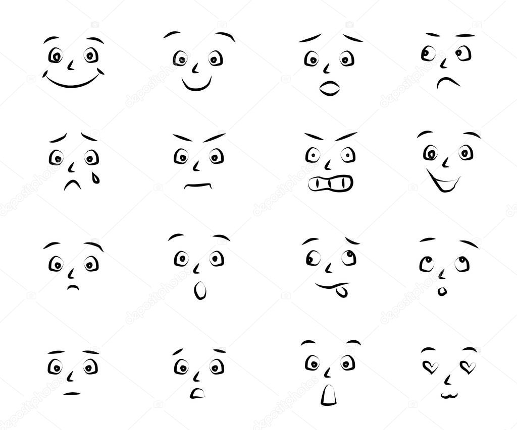 Set of funny emoticons. Various emotions. Vector illustration.
