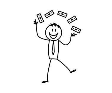 Zengin bir adam ve dağınık banknotlar. Robot resim. Vektör illüstrasyonu.