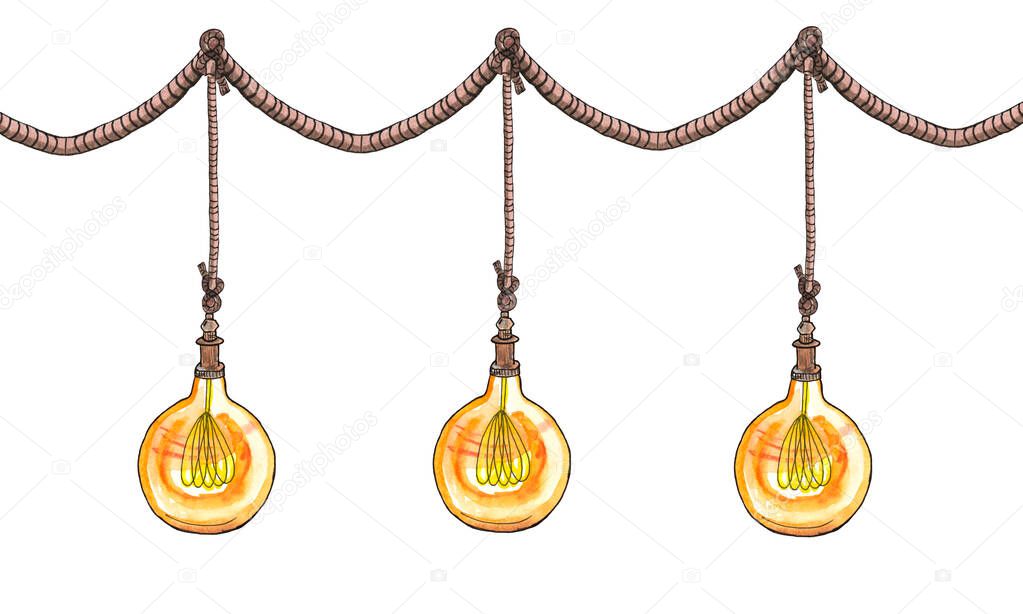 Watercolor illustration. Edison lamps, loft style, vintage on a rope.