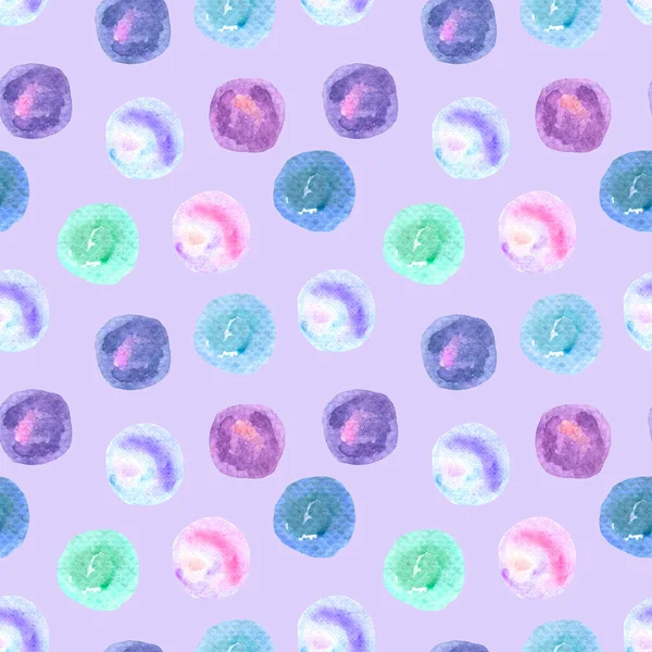 Бесшовный узор из кругов, акварельных пятен, мыльных пузырей на светлом фиолетовом фоне. Текстиль, обертка. — стоковое фото