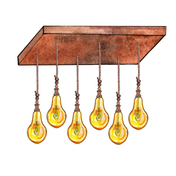 Watercolor illustration of light bulbs in vintage style in the loft style on a rope attached to a wooden board — 图库照片