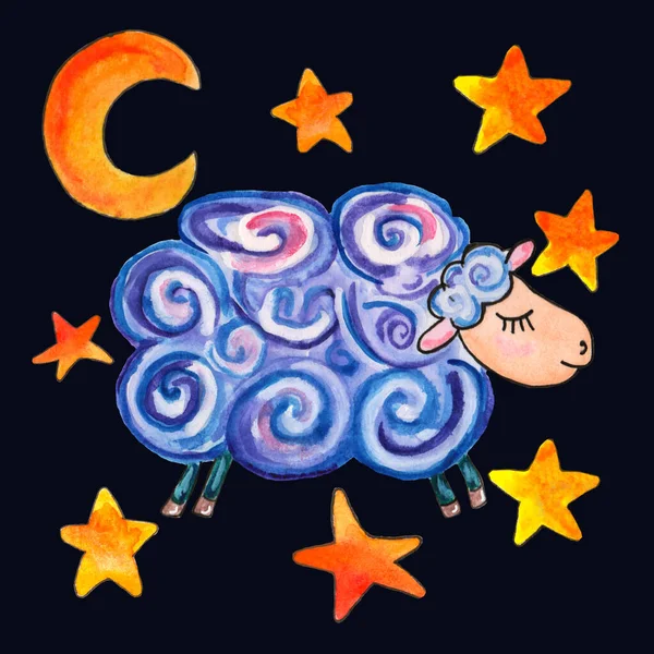 Watercolor illustration of a blue sheep on a dark purple background with stars and moon textiles for children — Stockfoto