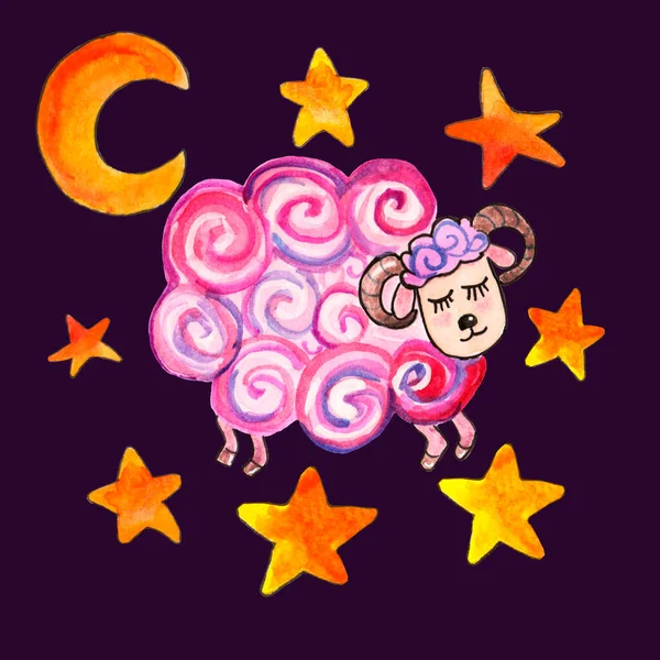 Watercolor illustration of a pink sheep on a dark purple background with stars and moon textiles for children — Stockfoto