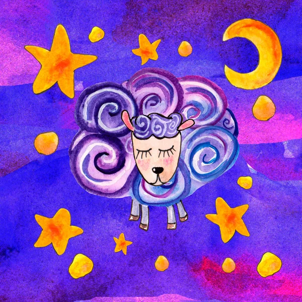Ilustración en acuarela de una oveja púrpura sobre un fondo azul púrpura con estrellas y textiles lunares para niños —  Fotos de Stock