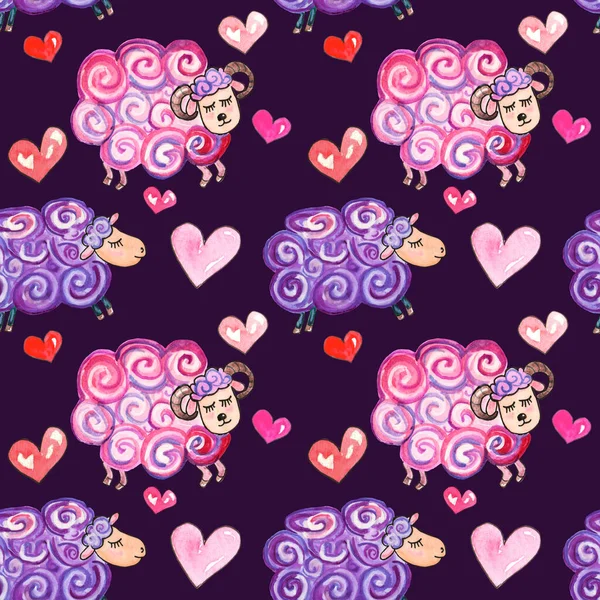 Watercolor illustration seamless pattern of purple and blue sheeps on dark purple background with pink hearts, for baby — Fotografia de Stock