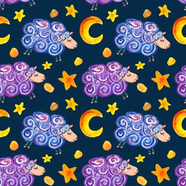 Watercolor illustration seamless pattern of sheeps on a dark blue background with stars and moon textiles for children