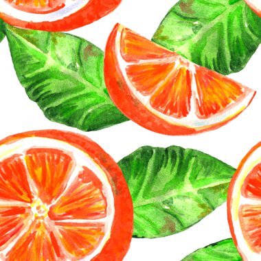 Portakal ve turunçgil dilimleri ve yaprakların kusursuz suluboya çizimi. Duvar kağıdı, ambalaj kağıdı, tekstil.