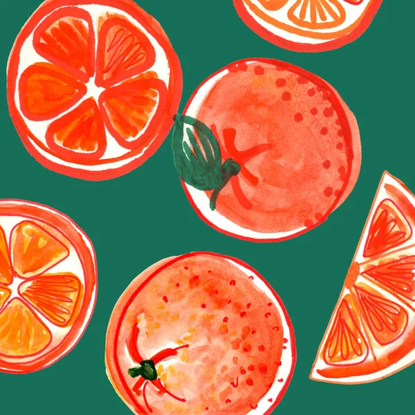 Akvarell illusztráció minta Doodle narancs szeletek zöld alapon — Stock Fotó