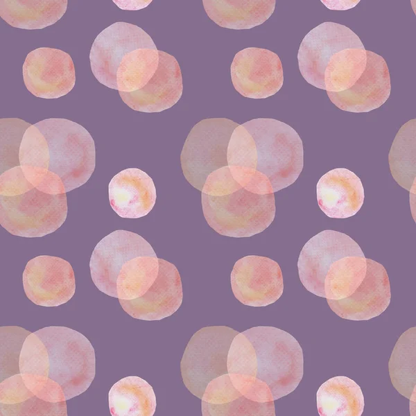 Безшовний візерунок рожевих кіл, акварельні плями, мильні бульбашки на світло-фіолетовому фоні, папір для обгортання шпалер — стокове фото