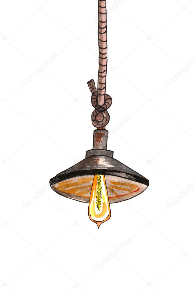 Watercolor illustration of a chandelier in the loft style, metal. Interior, vintage style.