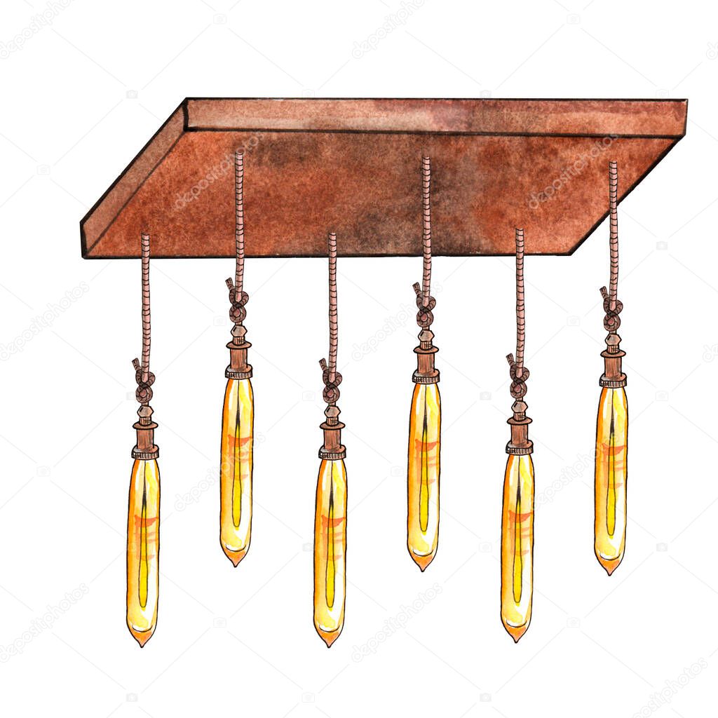 Watercolor illustration of light bulbs in vintage style in the loft style on a rope attached to a wooden board