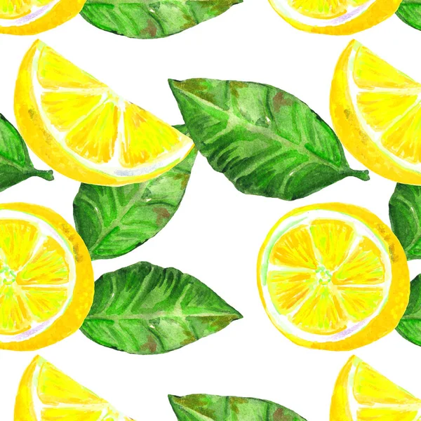 Seamless watercolor illustration of lemon and citrus slices and leaves. Wallpaper, wrapping paper, textiles.