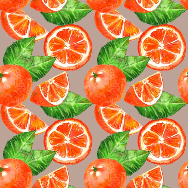 Бесшовная акварельная иллюстрация оранжевых и цитрусовых ломтиков и листьев. Обои, оберточная бумага, текстиль. — стоковое фото