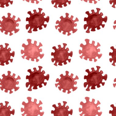 Watercolor seamless pattern that consists of bacteria, coronavirus infection covid-19, red and burgundy
