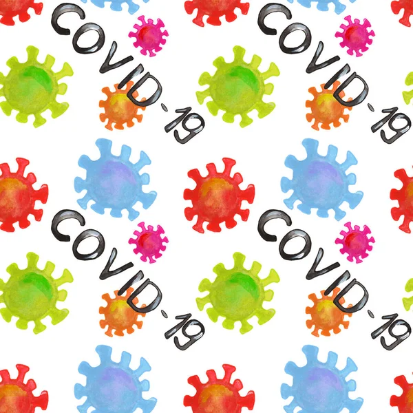 Watercolor seamless pattern which consists of bacteria, coronavirus infection and the inscription covid-19,multicolored — Stock Photo, Image