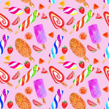 Watercolor seamless pattern ice cream on a pale pink background , wrapping paper, textile, wallpaper 