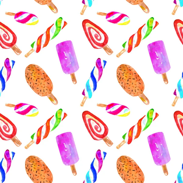 Ice cream watercolor seamless pattern on white background, wrapping paper, textile, wallpaper — 图库照片