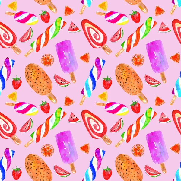 Watercolor seamless pattern ice cream on a pale pink background , wrapping paper, textile, wallpaper — Stock Photo, Image