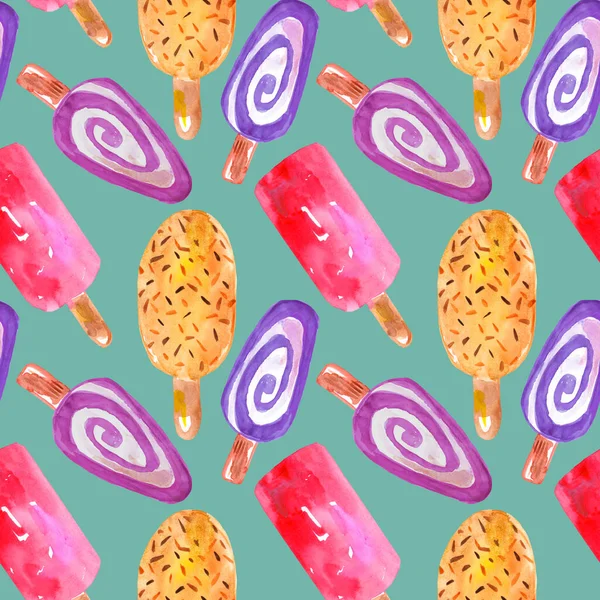  watercolor seamless pattern ice cream on mint background, wrapping paper, textile, wallpaper 