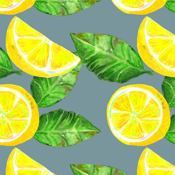 Seamless watercolor illustration of lemon and citrus slices and leaves on gray background. Wrapping paper, textiles. — стоковое фото