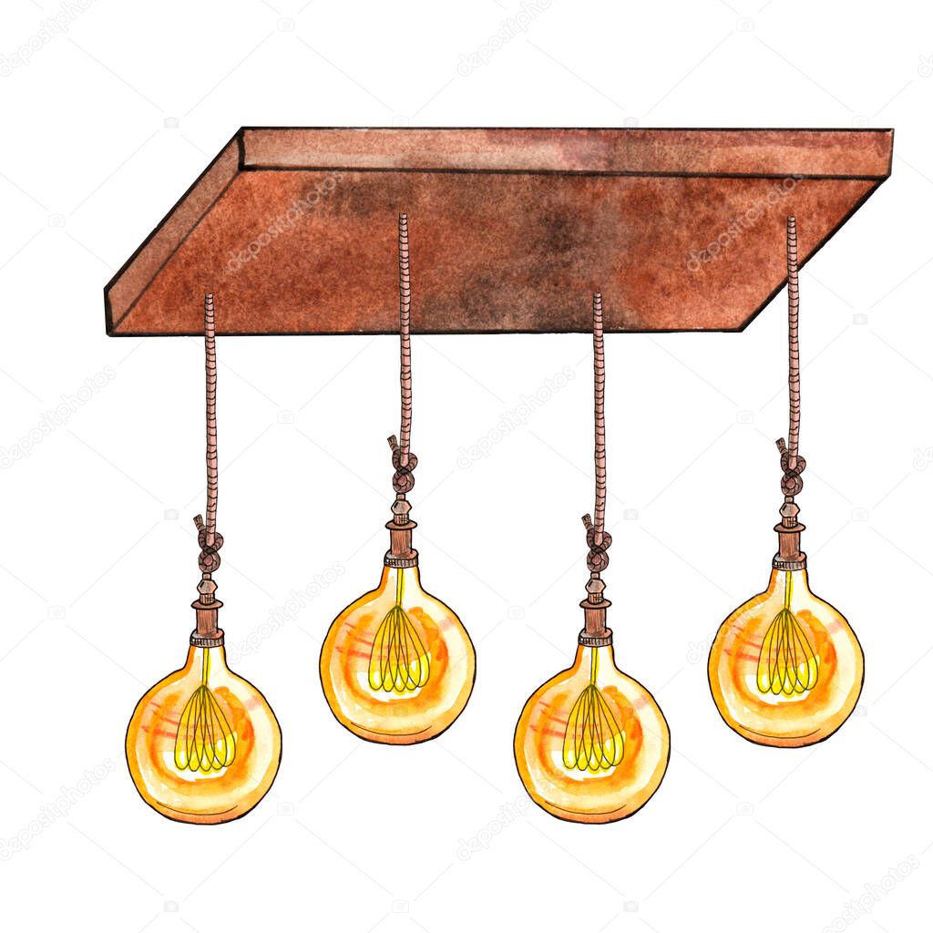 Watercolor illustration of big round light bulbs in vintage style in loft style on a rope attached to a wooden board