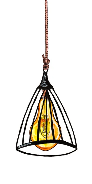 Watercolor illustration of vintage large light bulb, chandelier in the loft style, edison lamp, doodle style — 图库照片