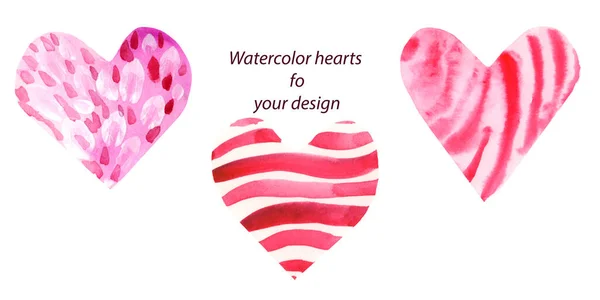 Watercolor illustrations of a set of hearts red and pink colors, white patterns. Valentines Day, february 14 — Fotografia de Stock