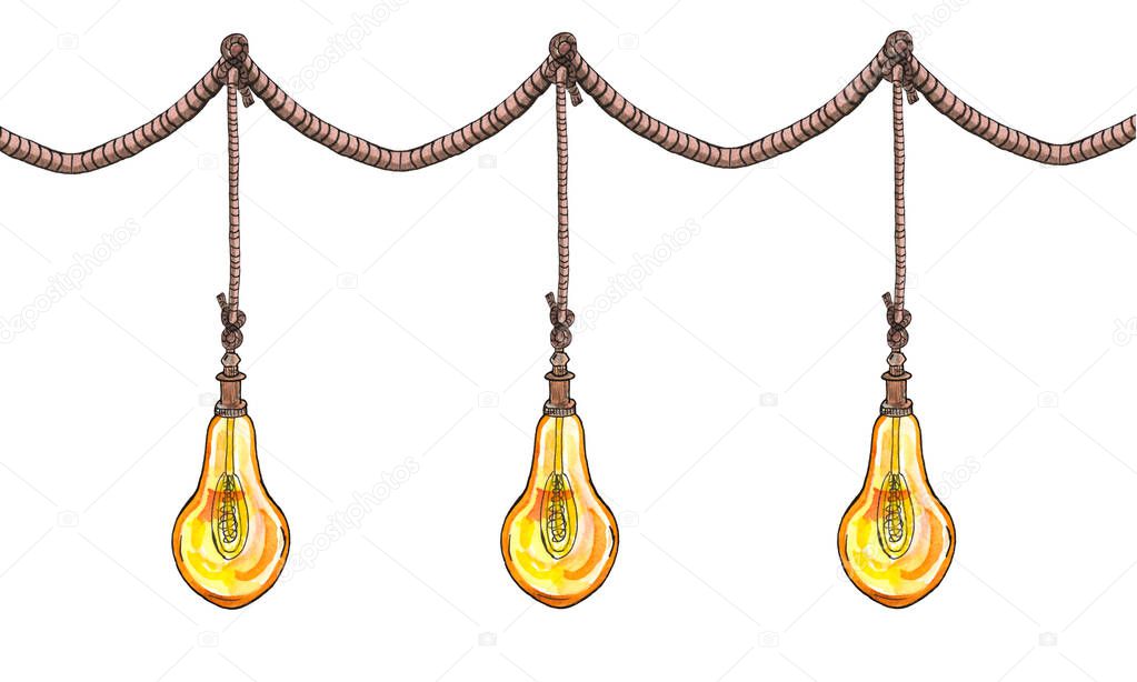 Watercolor illustration. Edison lamps, loft style in the form of a pear , vintage on a rope.