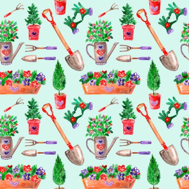 Seamless watercolor pattern gardening, theme potted seedlings and gardening tools, on pale blue background 