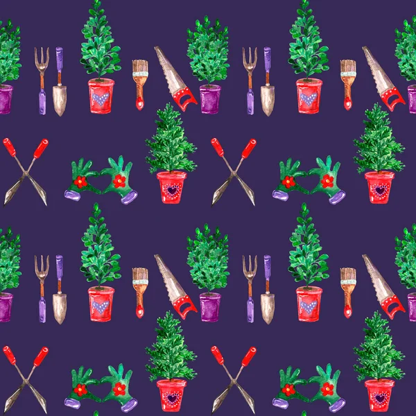 Seamless watercolor pattern gardening theme potted seedlings and gardening tools, horizontal, on dark purple background — Photo