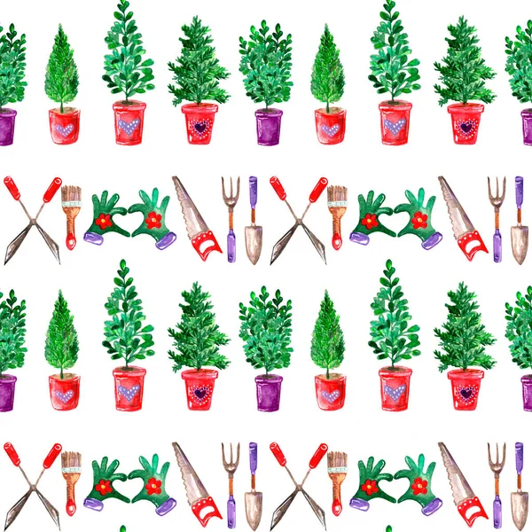 Seamless watercolor pattern, gardening theme, potted seedlings and gardening tools, horizontal, wrapping paper, — Stok fotoğraf