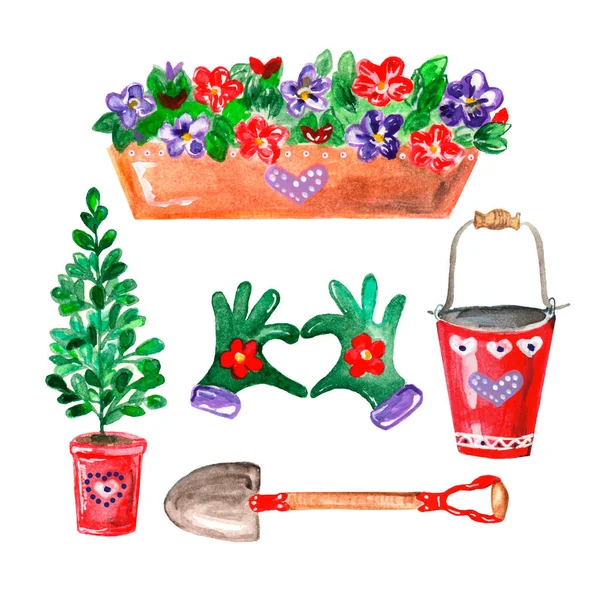 Conjunto de ilustraciones de acuarela: flores en una maceta, arbusto para plántulas, una pala, un cubo decorativo, guantes de jardinería —  Fotos de Stock