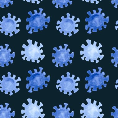 Watercolor seamless pattern that consists of bacteria, coronavirus infection covid-19, on a dark green background