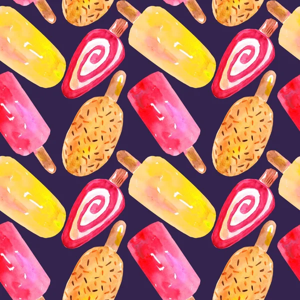 Ice cream watercolor seamless pattern on a dark purple background, wrapping paper, textile, wallpaper — Foto de Stock