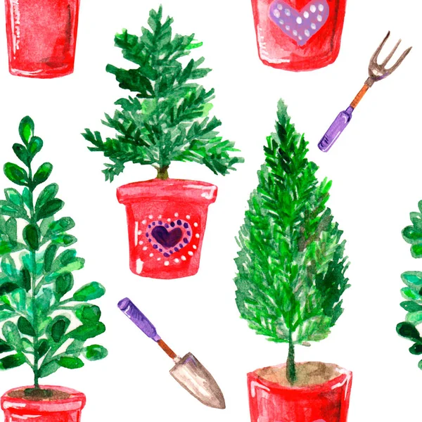Kusursuz suluboya deseni, bahçe teması, saksı tohumu ve bahçe aletleri, ambalaj kağıdı, duvar kağıtları, tekstil