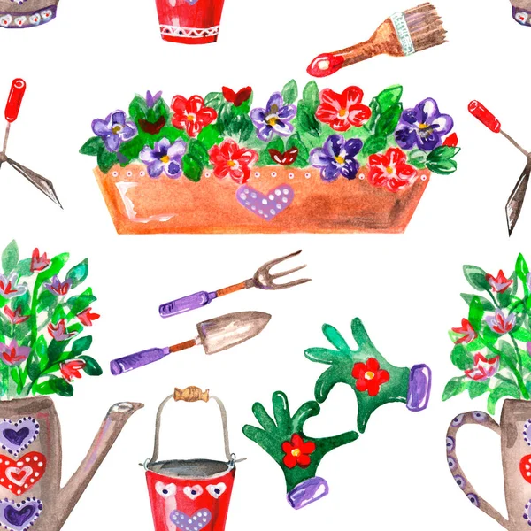 Seamless watercolor pattern, gardening theme, potted seedlings, watering can and gardening tools, wrapping paper, — Photo