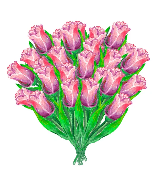 Akvarell illusztrációja egy hatalmas, buja, csodálatos csokor rózsaszín tulipán, sok virág — Stock Fotó
