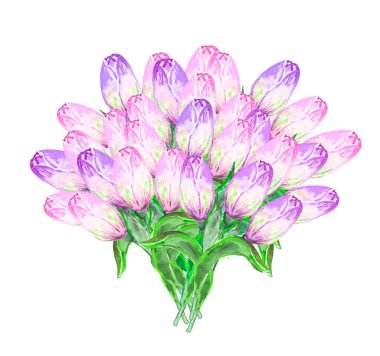 Açık pembe, mor laleler ve bir sürü çiçeğin suluboya çizimi.