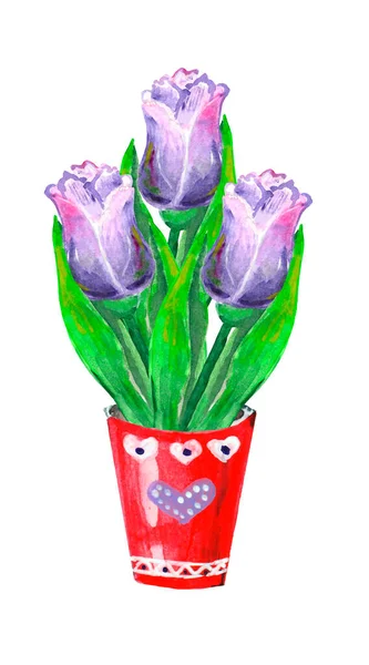 Akvarell illustration bukett med lila tulpaner i en dekorativ hink, vas, krukväxter — Stockfoto