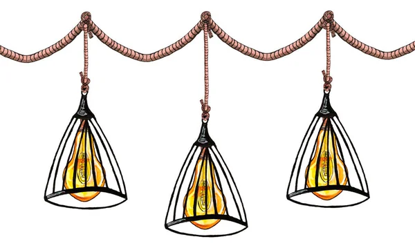 Illustrazione ad acquerello lampade edison, stile loft inin un paralume in tondino metallico, su una corda, interni moderni. — Foto Stock